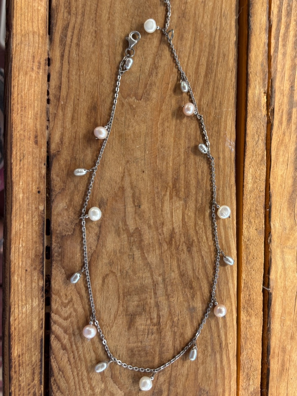 Craft Silver Necklace with White and Light Pink Pearls